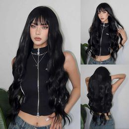 Synthetic Wigs Lace Wigs Nastural Black Synthetic Wigs Long Water Wave Wigs with Bangs Cosplay Daily Hair Wig for Women Wigs Heat Resistant Fibre 240328 240327