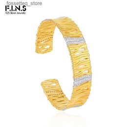 Charm Bracelets F.I.N.S Color Separation Hollowed 925 Sterling Silver Gold Open Cuff Bangle Luxury Adjustable Fashion Fine Hand Jewelry L240319