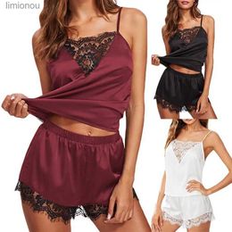 Women's Sleepwear 2Pcs Sexy Pajama Set Women Sexy Lace Patchwork Satin Silk Spaghetti Strap Top Hot Shorts Pajama Women Sleepwear Femme PijamasC24319