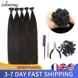 Extensions Isheeny Micro Link I Tip Hair Extensions 12"26" Virgin Human Hair Straight Micro Ring For Black Girls Natural Colour With Beads