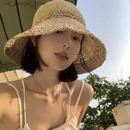 Wide Brim Hats Bucket Hats Womens crochet Str hat summer hollow sun hat breathable holiday wide Brim Coquette woven Str hat Y240319