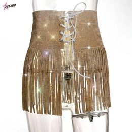 Skirts PULABO Sexy Women High Waist Cross Bandage Club Mini Skirt Fringed Tassel Sequins Rhinestone Party Beach Belly Dance Short Wrap