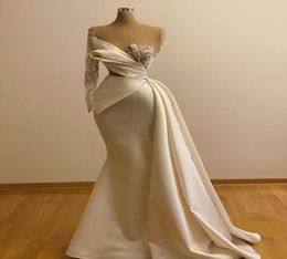 2020 Mermaid Prom Dresses Sheer Neck One Shoulder Long Sleeve Beaded Bride Evening Gowns Formal Plus Size Party Dress3752458