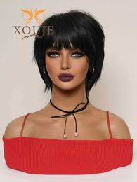 Synthetic Wigs Cosplay Wigs XOUJE Sweet and Cute Short Hair Bangs Elf Cropped Natural Black Chemical Fibre Heat Resistant Wigs Women Daily Use Fashion Wigs 240327