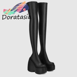 Boots DORATASIA Female Motorcycle Boots High Wedges Black Zipper Platform Thigh High Boots INS Brand Cool Fashion Punk Gothic Shoes