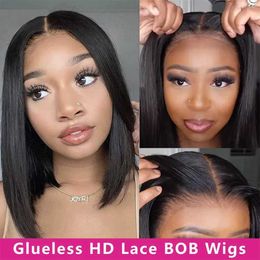 Synthetic Wigs 12A Glueless Wig Straight Lace Frontal Wigs Pre Plucked 13x4 Human Hair Wigs Brazilian Bone Straight Short Bob Wig For Women 240328 240327