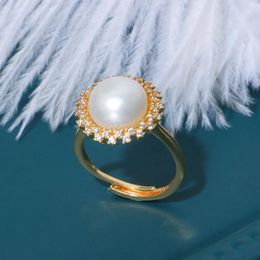 Cluster Rings ZHEN-D Jewellery Big Size Freshwater Beige Pearl Adjustable Gold Plated Daily Dating Gift For Women Girl Hand Ornament