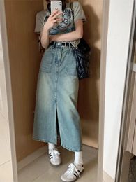 Skirts XS-XL Vintage Long Denim Skirt 2024 Korean Style High Waist A Line Midi Women Split Jeans (sy91098