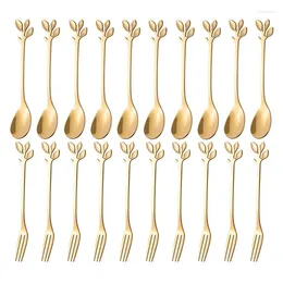 Spoons Dessert Spoon Fork Set 20 Pcs 4.7 Inch Cake Coffee Creative Leaf Fruit (10 10 Fork)