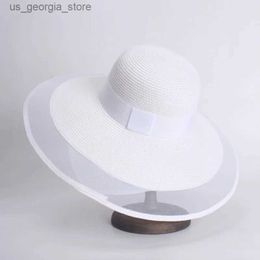 Wide Brim Hats Bucket Hats Elegant black and white beach hat wide BrimVeil mesh Fedora soft cushion large Brim womens summer Str hat UV protection sun hat Y240319