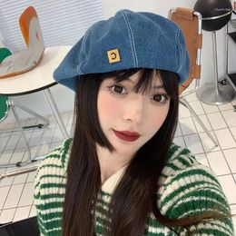 Berets Denim Women Retro Octagonal Hat Elegant Lady Artist Painter Cap Y2K Kpop Egirl Sboy Beanies Girl Bonnet