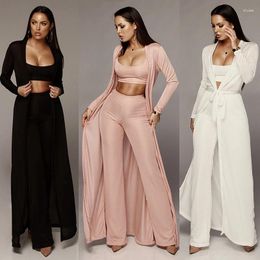 Women's Two Piece Pants 3 Set Ladies Cardigan X Long Cloak Strech Top Knitted Three Women Outfits Ribbed Suits Elegant Knitwear