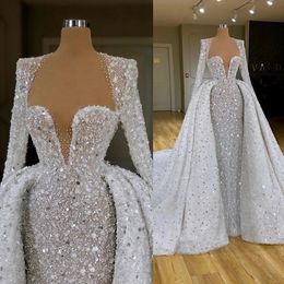 Sparke arabische Kleid mit abnehmbarem Zug langärmelige Perlen Vestido Novia Brautkleider Brautkleider Pailletten Roben de Mariage