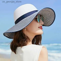 Wide Brim Hats Bucket Hats 2019 best-selling fashion Hepburn style black and white striped bow summer sun hat beautiful womens Str beach hat large conical hat Y240319