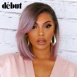 Synthetic Wigs Lace Wigs Purple Straight Bob Wig Brazilian Lace Part Human Hair Wigs For Women HD Highlight Wig Glueless Lace Front Wig With Bangs DEBUT 240328 240327