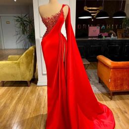 Vermelho sereia vestidos de noite cristal beading sexy um ombro trem varredura vestido de baile sem costas lado split meninas pageant wear vestidos