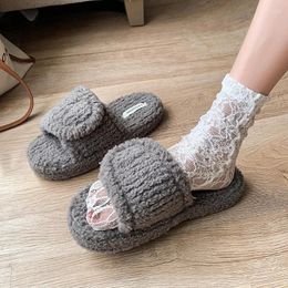 Slippers High Quality Women's Shoes Furry Ladies Indoor Warm Home One-word For Women Plush Slides Large Size Flip Flops