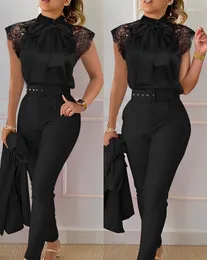 Women's Two Piece Pants Casual Set 2024 Summer Contrast Lace Crochet Patchwork Shirts Bow Tie Neck Top & High Waist With Belt