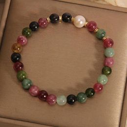 Strand Coloured Bead Bracelet Elegant Vintage Women's With Faux Pearl Tourmaline Beads Lightweight Elastic Luxury For Stress