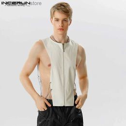 Men's Tank Tops Tops 2023 Sexy New Men Chain Decoration Zipper Design Vests Casual Street Back Hollowed Glisten Fabric Solid Vests S-5XL L240319