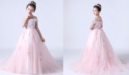 Sweet Pink Blue Tulle Off Shoulder Pärlor Flower Girl Dress Girl's Pageant Dresses Party/Birthday Dresses Girl's Kirt Custom SZ 2-12 D319045