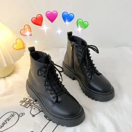 Boots WTEMPO Women Motorcycle Ankle Boots Wedges Female Lace Up Platforms Black Leather Oxford Shoes Woman 2023 Botas Mujer