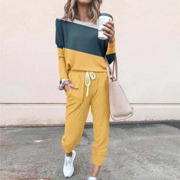 Women's Two Piece Pants Sweatshirt Sweatpants Set Crewneck Long Sleeve Women Outfit Drawstring Elastic Waist Tracksuit Solid Color Sporty