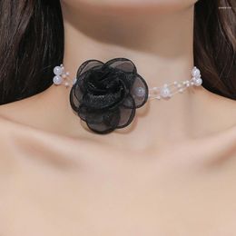 Choker Vintage Gothic Black Yarn Flower For Women Simple Simulated Pearl Chain Necklace Party Jewelry Short Torques Collier