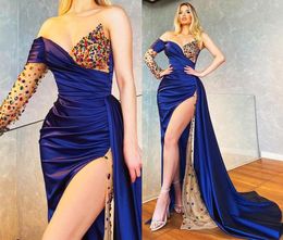 Luxurious Plus Size Arabic Aso Ebi Navy Blue Prom Dresses Sweetheart One Shoulder Beaded Crystals High Split Evening Gowns Formal 1101352