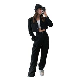 Hot Sale Ladies Wide Leg Long Pants 2 Piece Set Casual Plain Crop Tops Coat Sets Womens Co Ords Suits Business Two