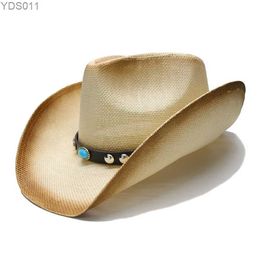 Wide Brim Hats Bucket Retro Style Womens Mens Summer Str Beach Western Cowgirl Fedora Cowboy Hat Turquoise Beads Leather Band 58cm 240319