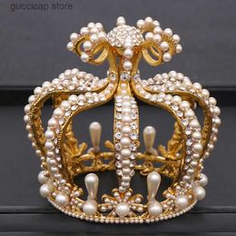 Tiaras Bridal Headdress Baroque Crystal Pearl Diadem Gold Round Crown Queen Tiara Jewellery Birthday Party Wedding Hair Accessories Y240319