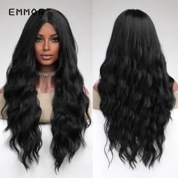 Wigs Emmor Synthetic Dark Brown Black Wig Long Part Wave Hair Wig for Women Natural Wavy Heat Resistant Cosplay Wigs