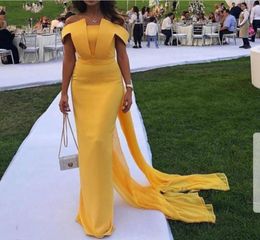 Yellow Prom Dresses With Wraps Off The Shoulder Chiffon And Satin maid Of The Bride Dress Mermaid Evening Gowns Sleeveless8710048