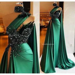 Green Sexy Hunter Satin Mermaid Prom Party Dresses One Shoulder High Neck Beaded Feather Plus Size Formal Evening Ocn Gowns