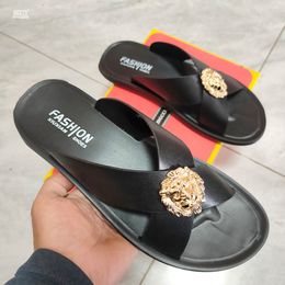 Men's slippers cowhide flip-flops Casual Beach shoes 46 slippers Men's flip-flops, 45 brand designer casual slippers