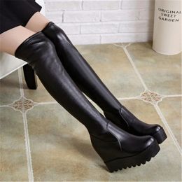 Boots Women's Over The Knee Boots 2024 Leather Fashion Women Long Boots Autumn Winter Round Toe Ladies Platform Height Increasing Shoe