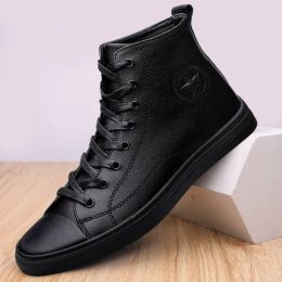 Boots Black Warm Fur High Top Motorcycle Men Boots Fashion Genuine Leather Men Boots Winter Warm Shoes Snow Boots for Men