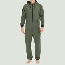 Men s Thicken Hooded Jumpsuits Tracksuit Drawstring Sweatshirts Rompers Full Zip Hoodies Overalls with Pockets 240306