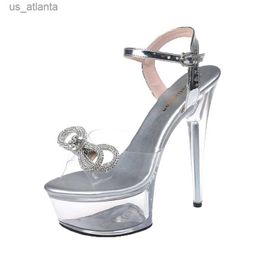 Dress Shoes Dress Shoes Slippers Slipper 15CM PVC Sandals Sexy Diamond Bow Platform 2023 New Transparent Crystal Super Model Show High-Heeled Shoes JB3S H240321