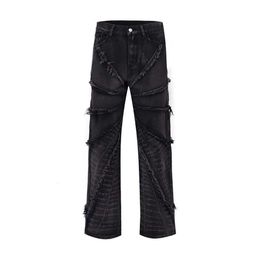 Designer Jeans Trend Brand Baggy Jeans American Style Destructive Spider Web Edge Jeans Men's Explosive Street Loose Pants