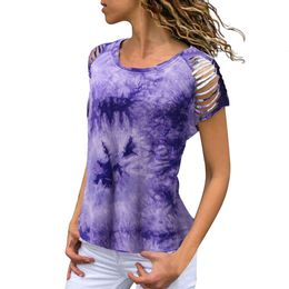 Designer Women's Fashion T-shirt 2024 Trendy Womens Tie Dyed Burnt Flower Shoulder Round Neck Short sleeved T-shirt for Women blouses women womans clothing7Y30