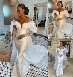 Simple Satin Mermaid Wedding Dress with Removable Long Sleeve Couture Plus Size Beads Bride Party Dress Celebrity Bridal Gowns8003865