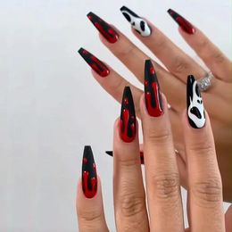 False Nails 24pcs Halloween Nail Red Ghost Press On Manicure Patch Full Cover Detachable Party Acrylic Tips