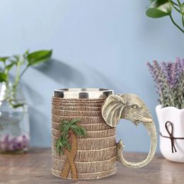 Mugs Coconut Tree Elephant Coffee Cup Stainless Steel Mug Tropical Rainforest Creative Decor For Living Room Kitchen Ornaments