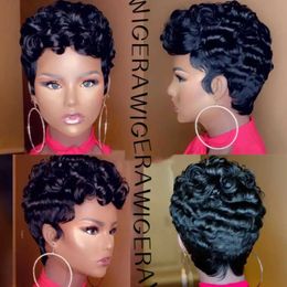 Synthetic Wigs WIGERA Synthetic Cheap Black Short Curly Cute HairStyles Finger Waves Elegant Charming Wig For Summer Pretty Designs For Women 240329