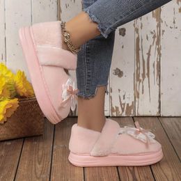 Slippers Solid Color Home Warm Fashion Bowknot Decor Soft Sole Platform Ankle Strap Shoes Non-slip Plush Bedroom