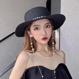 Wide Brim Hats Women Summer Straw Fashion Sun Panama Elegant Fedoras Lady Girl Outdoor Vacation With Pearl Chain Sunshade Beach Hat