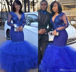 Black Girls Sexy Mermaid Prom Dresses Royal Blue Pageant Party Dresses Long Sleeve Appliques Beads V Neck Tulle Skirt Long Evening1934824