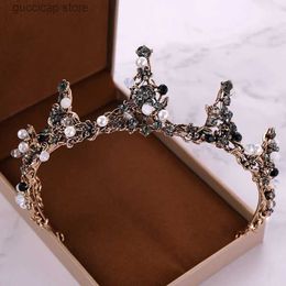 Tiaras Vintage Handmade Rhinestone Crystal Pearl Crown Headdress Wedding Hair Accessories Princess Crown Bride Wedding Crown Tiara Gift Y240319